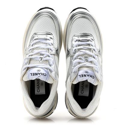Chanel Fabric Laminated Calfskin Stretch CC Womens Sneakers 38.5 Ivory White Silver 2 of 10