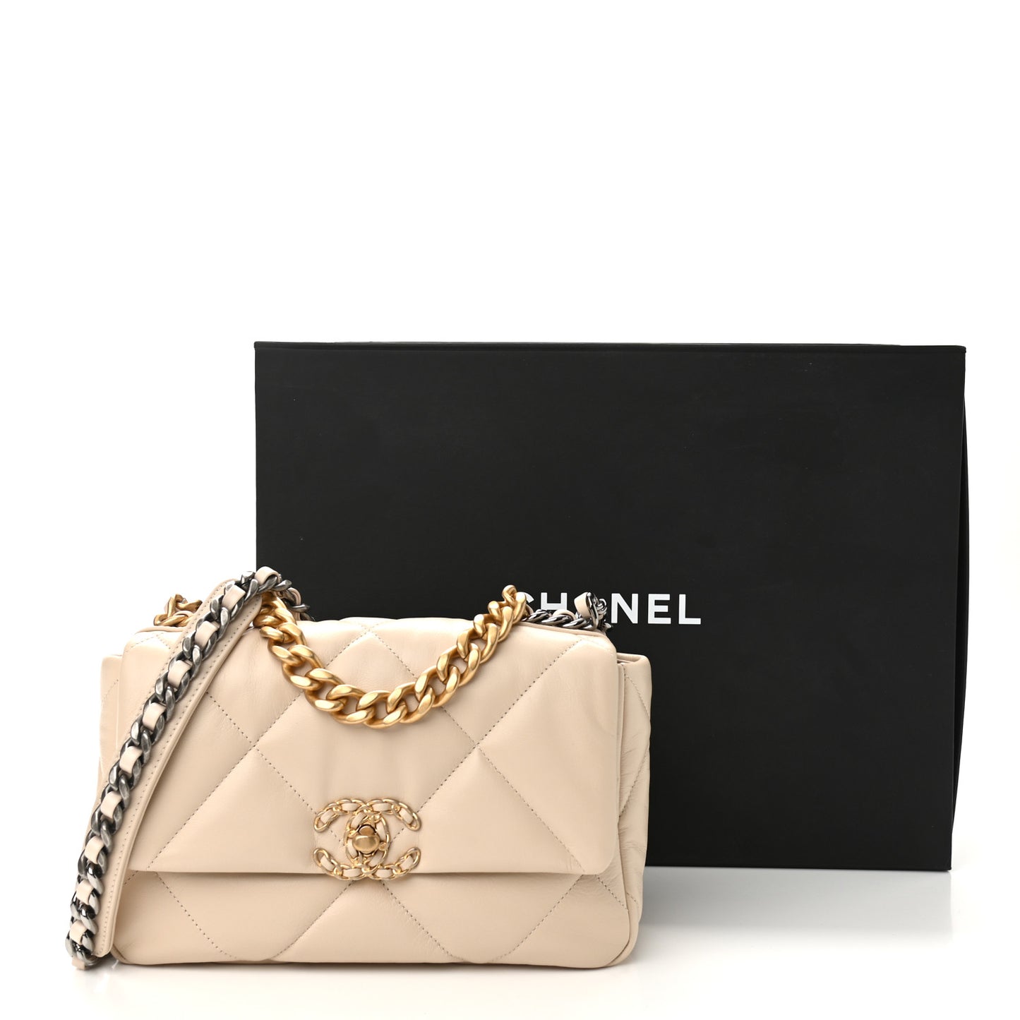 Goatskin Quilted Medium Chanel 19 Flap Beige