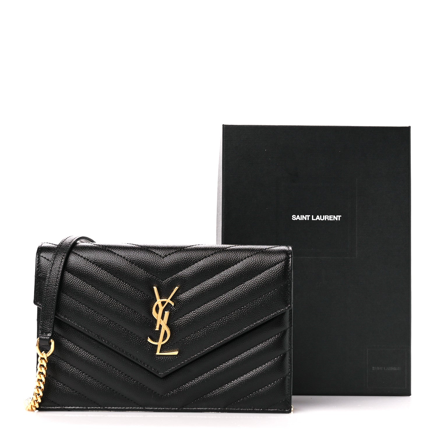 Saint Laurent Grain De Poudre Matelasse Chevron Monogram Envelope Chain Wallet Black 11 of 11