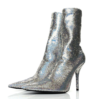 Balenciaga Metallic Sequin Spandex Pointy Toe Knife Booties 37 Silver 3 of 6