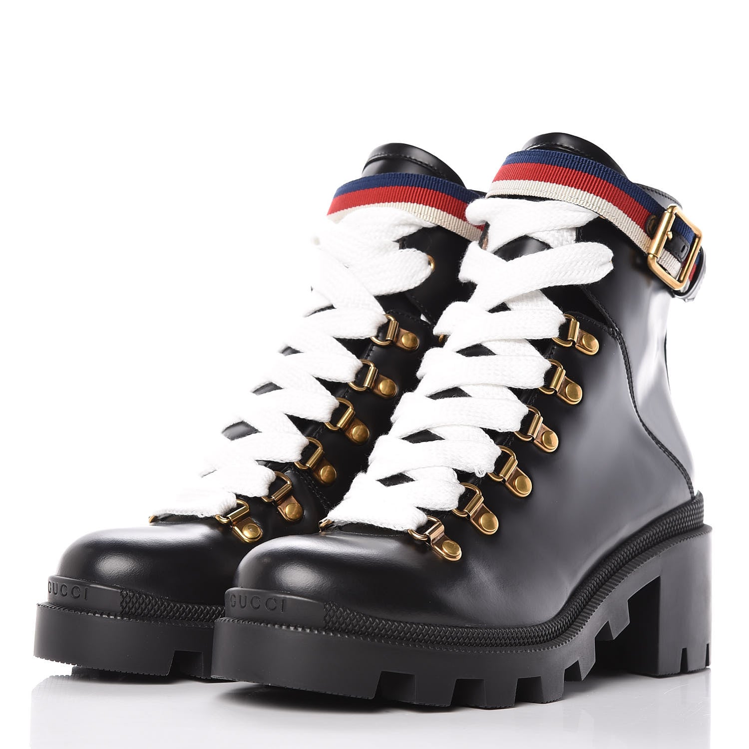 Gucci Calfskin Sylvie Web Lace Up Combat Boots 36.5 Black 3 of 9