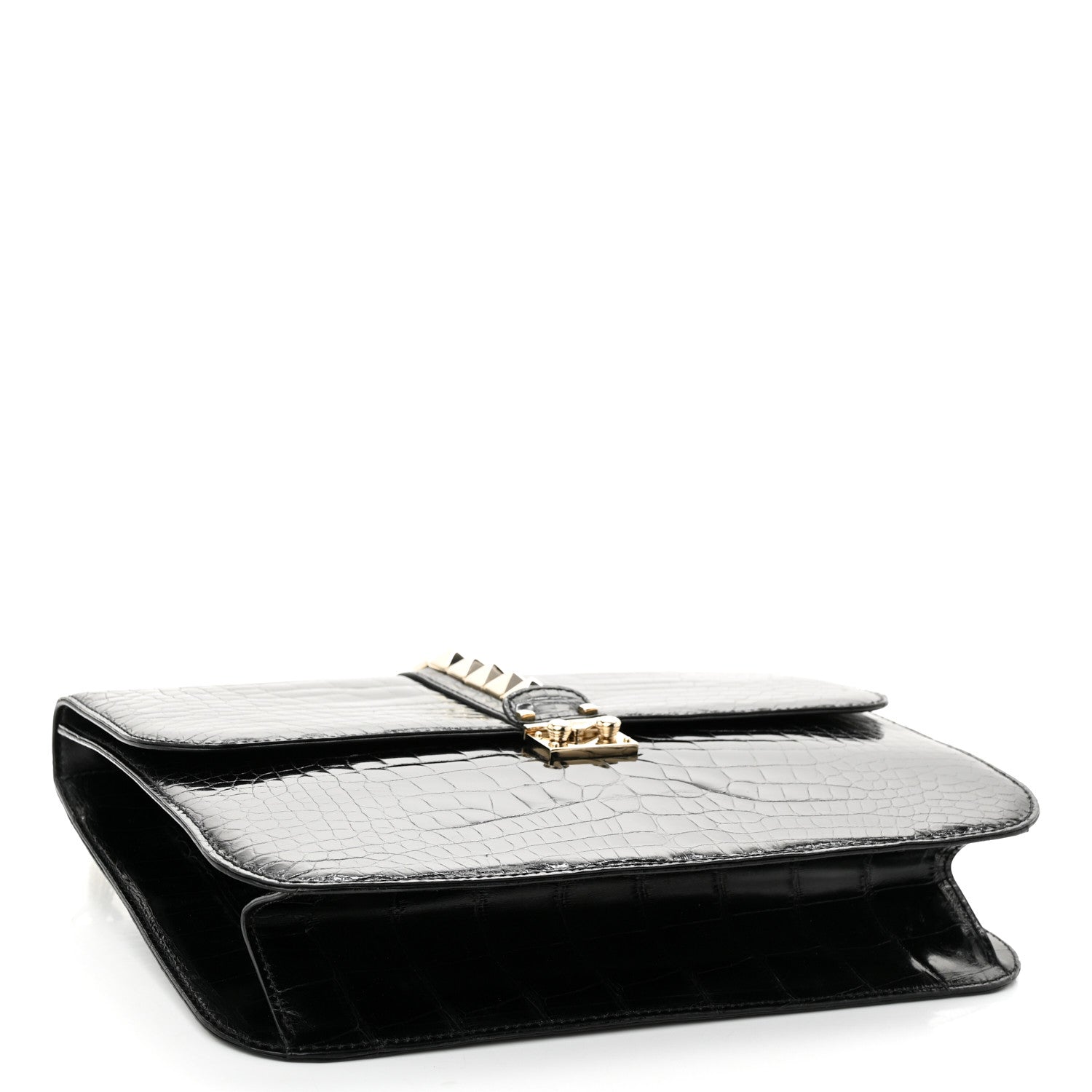 Valentino Garavani Patent Crocodile Embossed Large Glam Lock Rockstud Flap Black 4 of 9