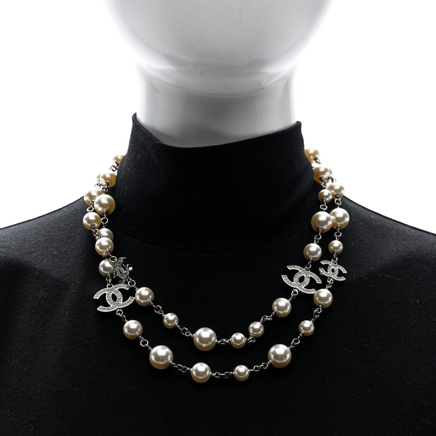 Chanel Pearl Crystal CC Necklace Silver Pearly White 2 of 4