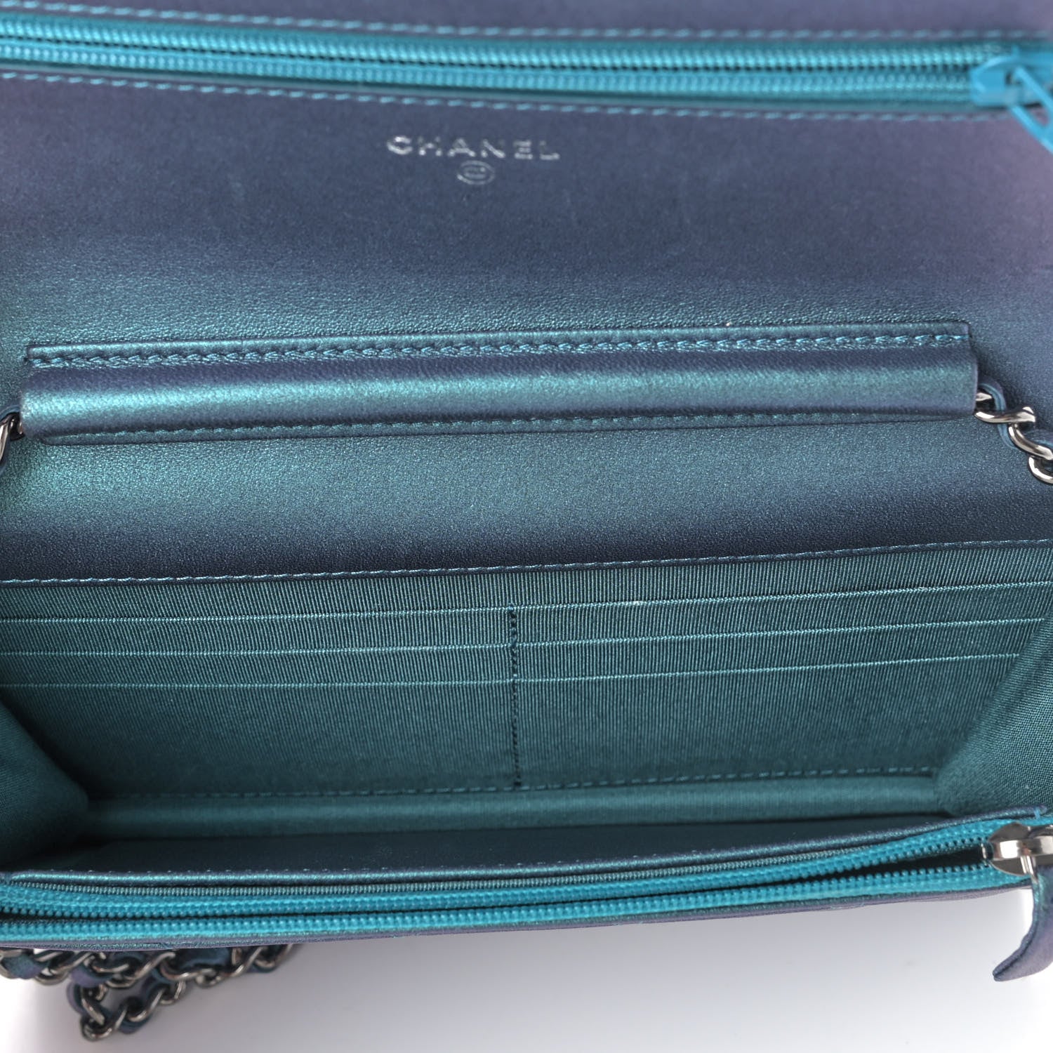 Chanel Metallic Lambskin Wallet On Chain WOC Turquoise 4 of 4