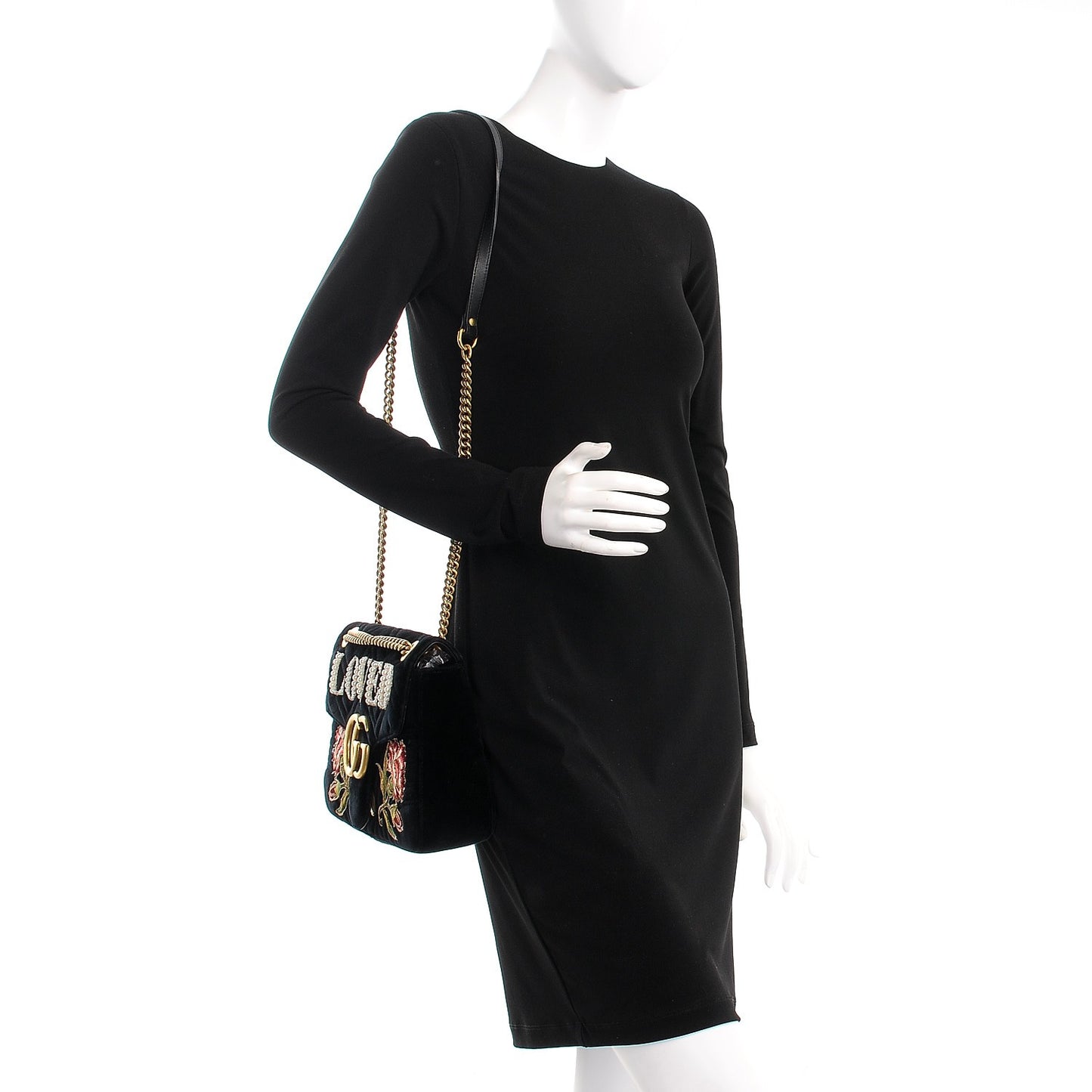 Velvet Matelasse Loved Embroidered Medium GG Marmont Shoulder Bag Black
