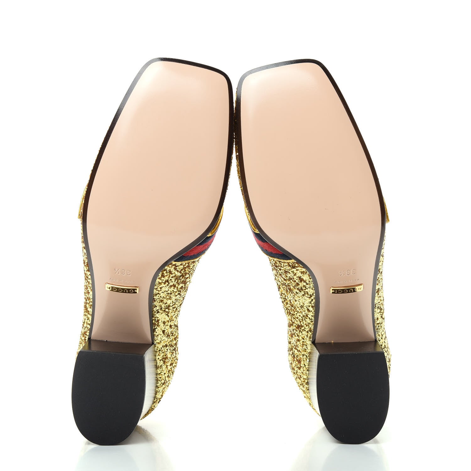 Gucci Glitter Nappa Web Peyton 75mm Loafer Pumps 38.5 Oro Vecchio 6 of 11