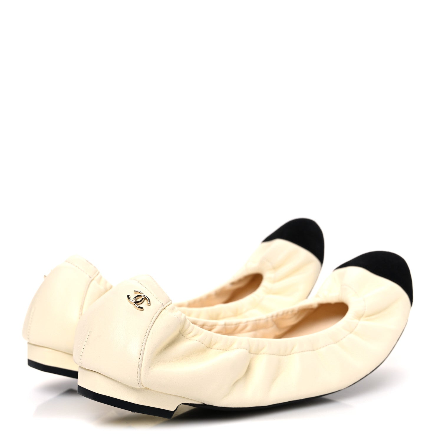 Chanel Lambskin Suede CC Elastic Cap Toe Ballerina Flats 39.5 Beige Black 5 of 12