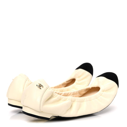 Chanel Lambskin Suede CC Elastic Cap Toe Ballerina Flats 39.5 Beige Black 5 of 12