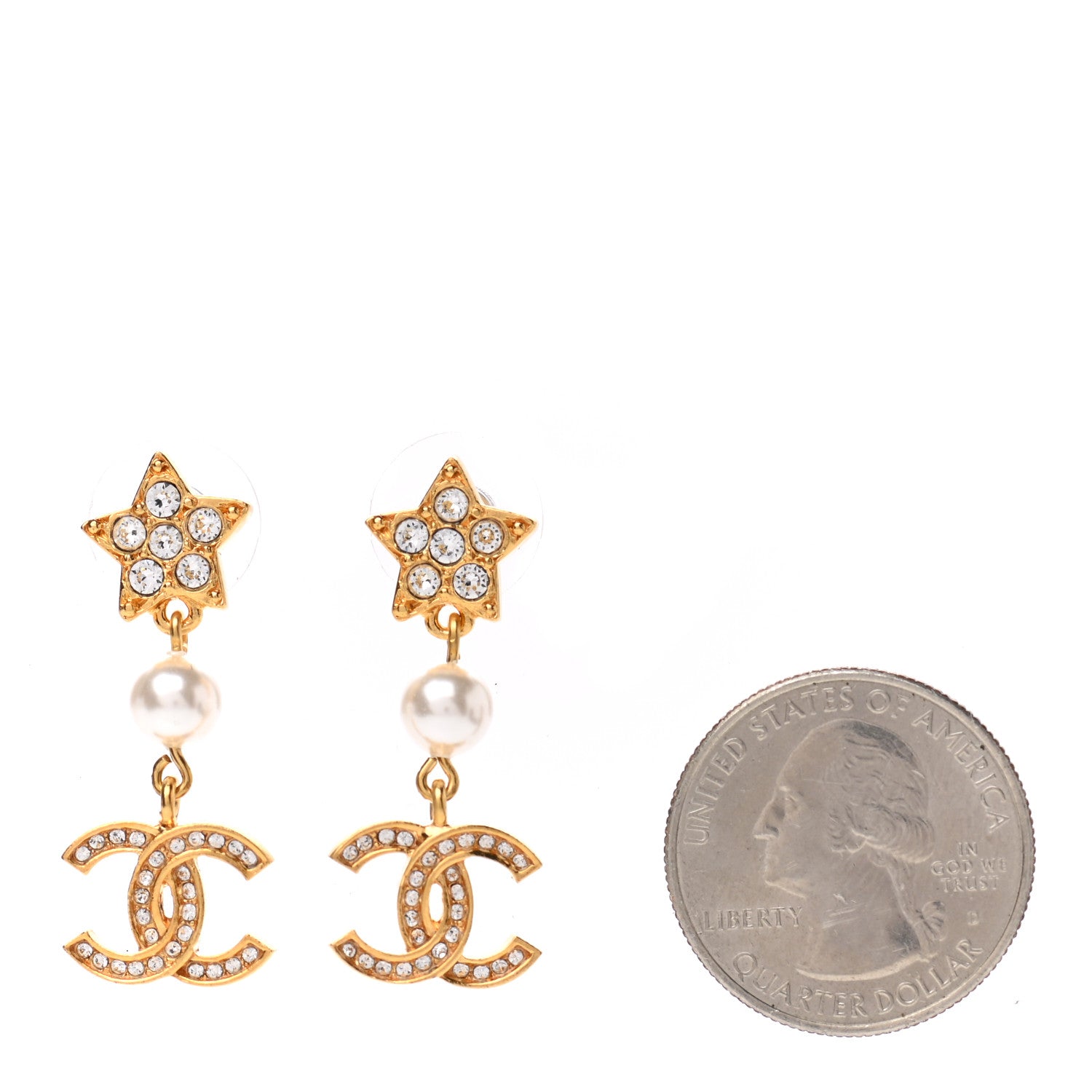 Chanel Crystal Pearl CC Star Drop Earrings Gold 2 of 5