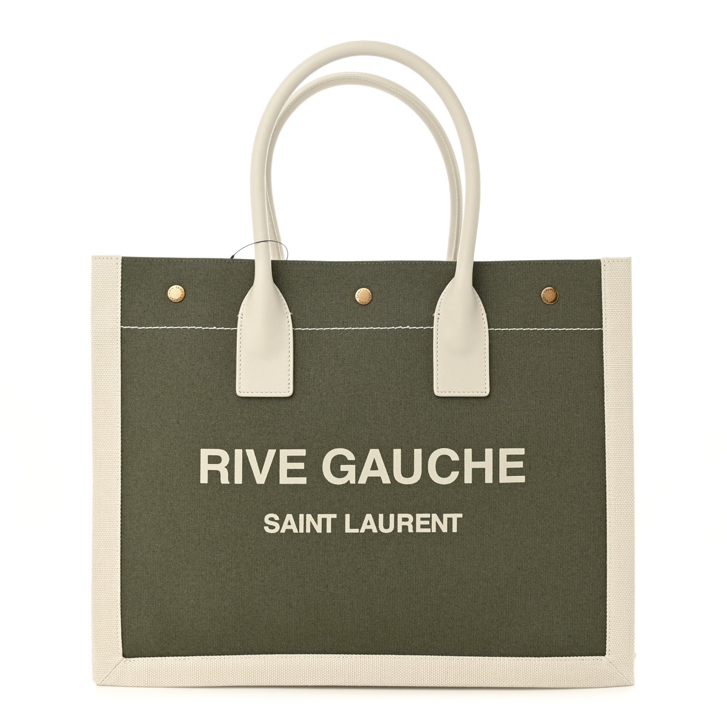 Linen Calfskin Small Rive Gauche Tote Military Green Blanc Vintage