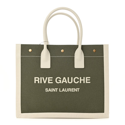 Saint Laurent Linen Calfskin Small Rive Gauche Tote Military Green Blanc Vintage 1 of 10