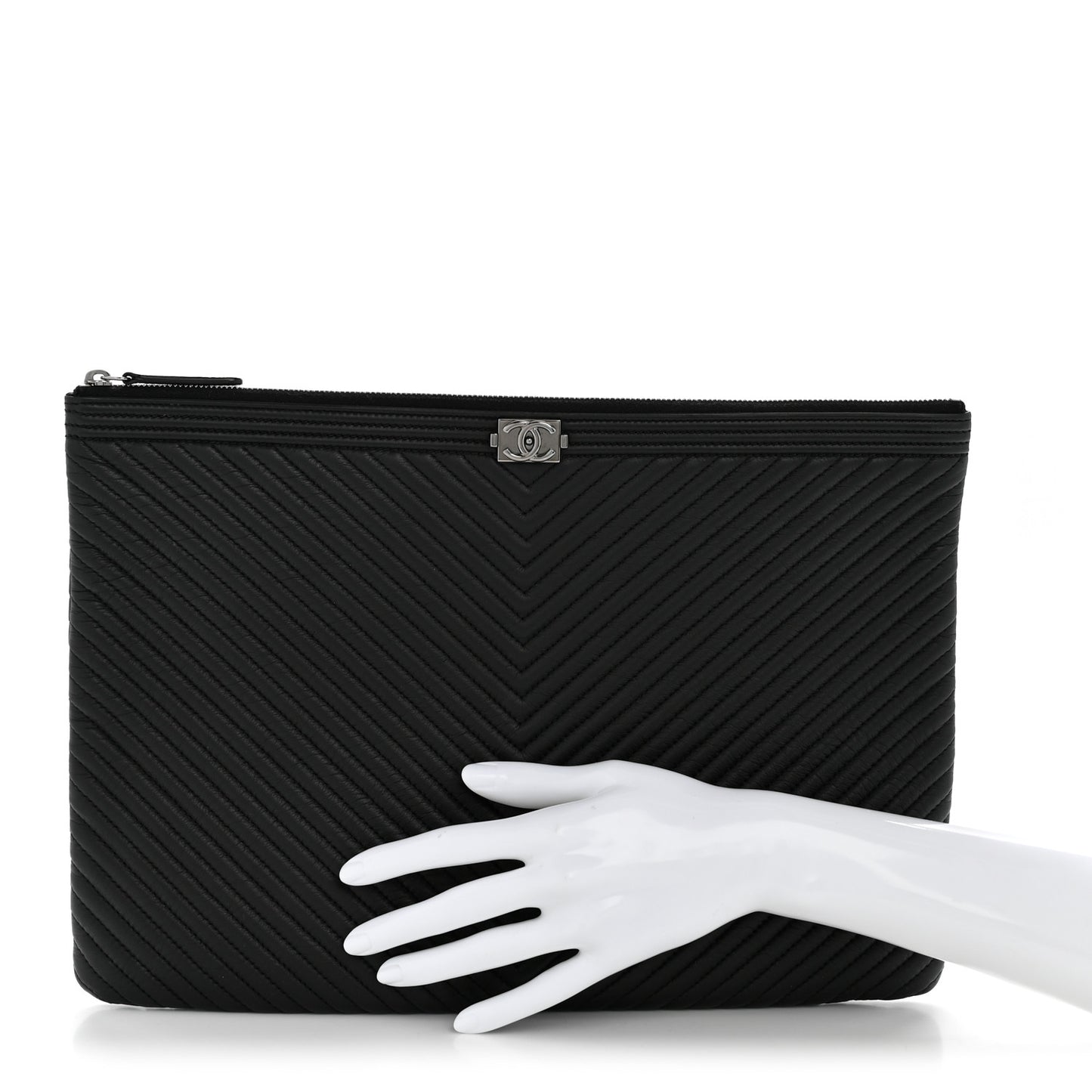 Calfskin Chevron Quilted Large Boy Cosmetic Case Black