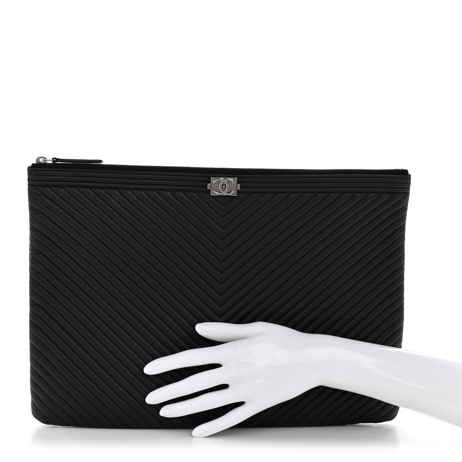 Chanel Calfskin Chevron Quilted Large Boy Cosmetic Case Black 2 of 9