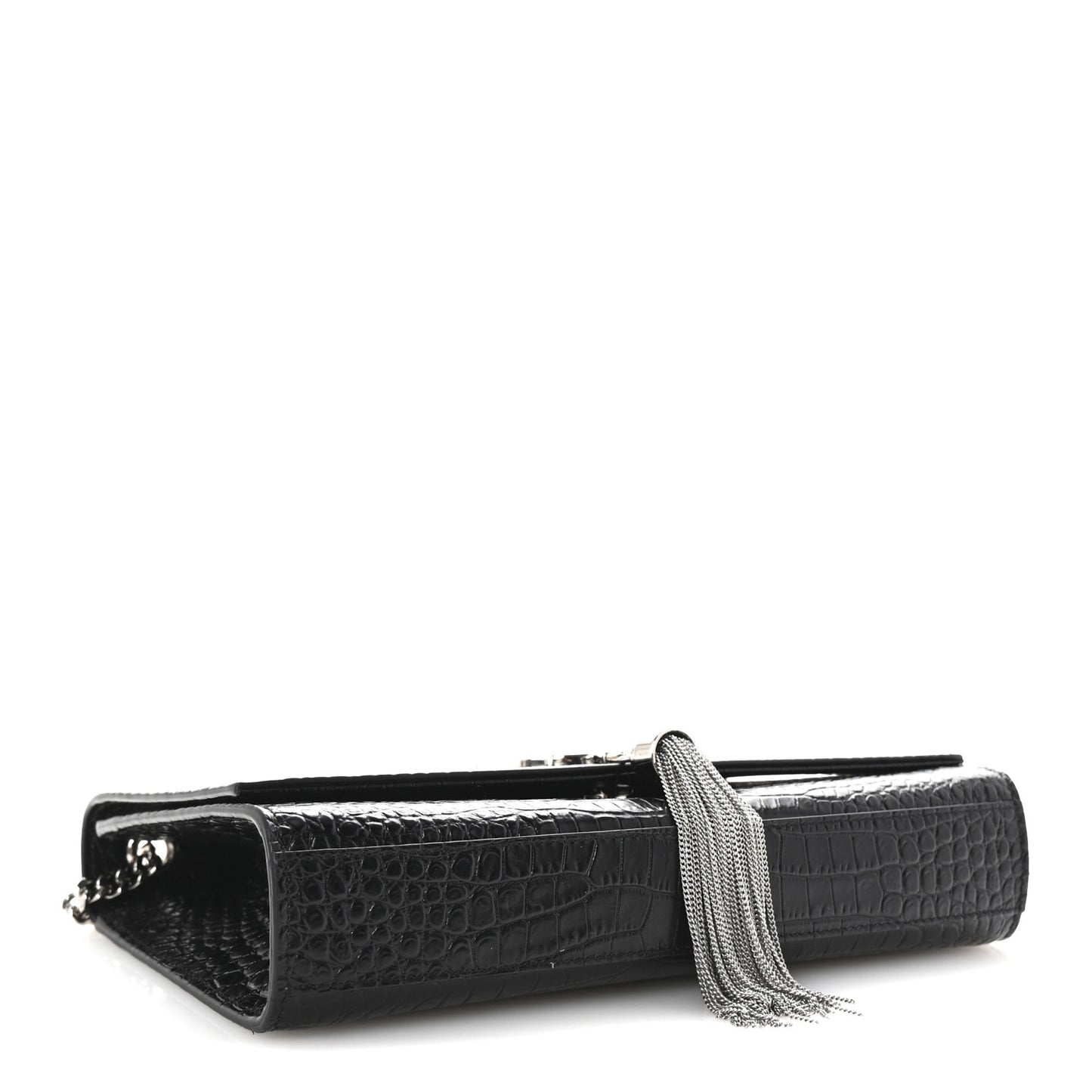 Calfskin Crocodile Embossed Medium Classic Monogram Kate Tassel Satchel Black