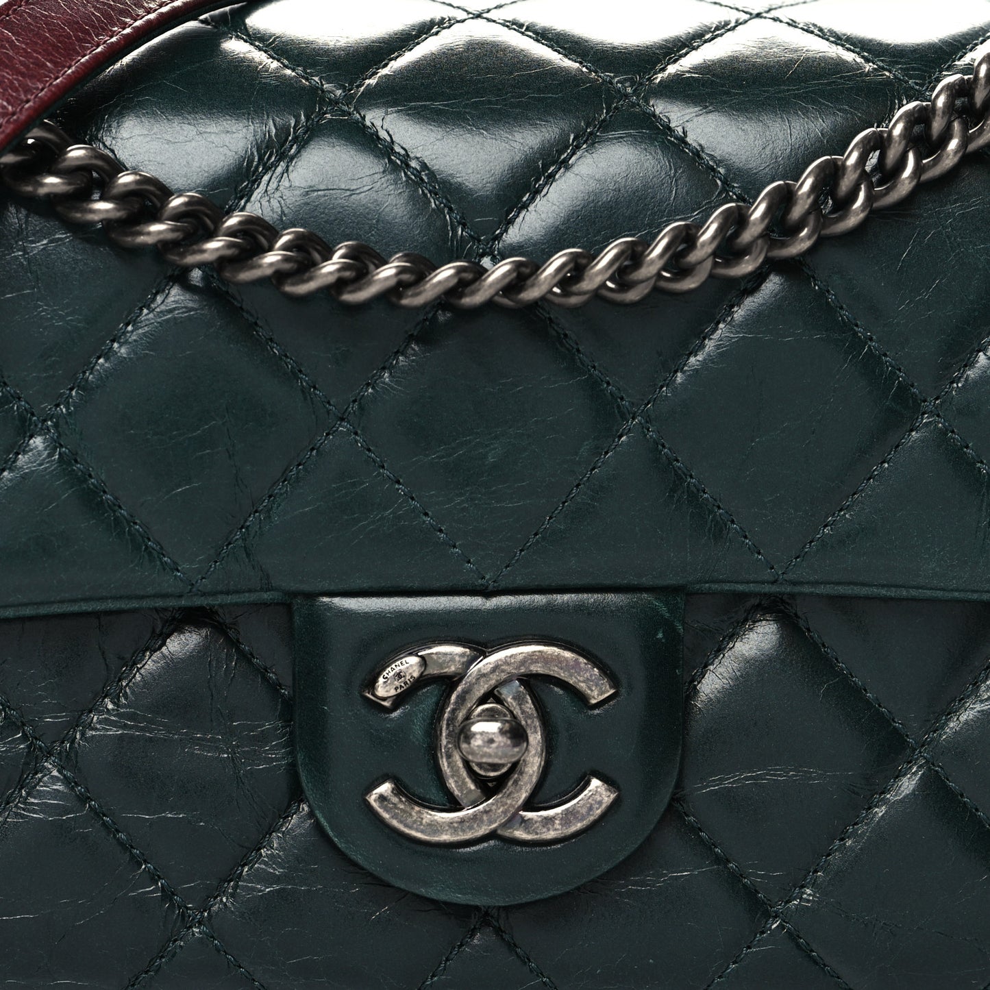 Glazed Calfskin Quilted Medium Duo Color Flap Dark Green Burgundy