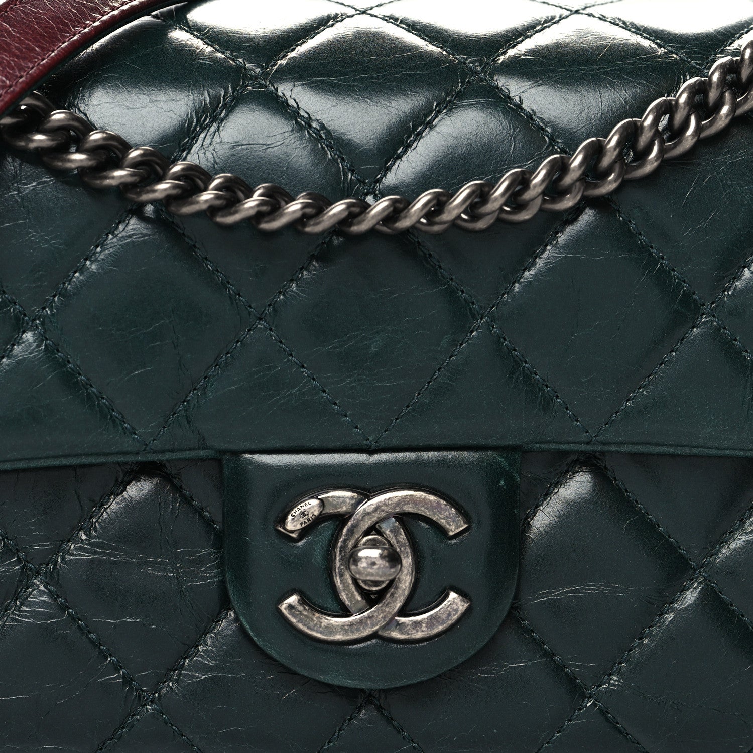 Chanel Glazed Calfskin Quilted Medium Duo Color Flap Dark Green Burgundy 8 of 11