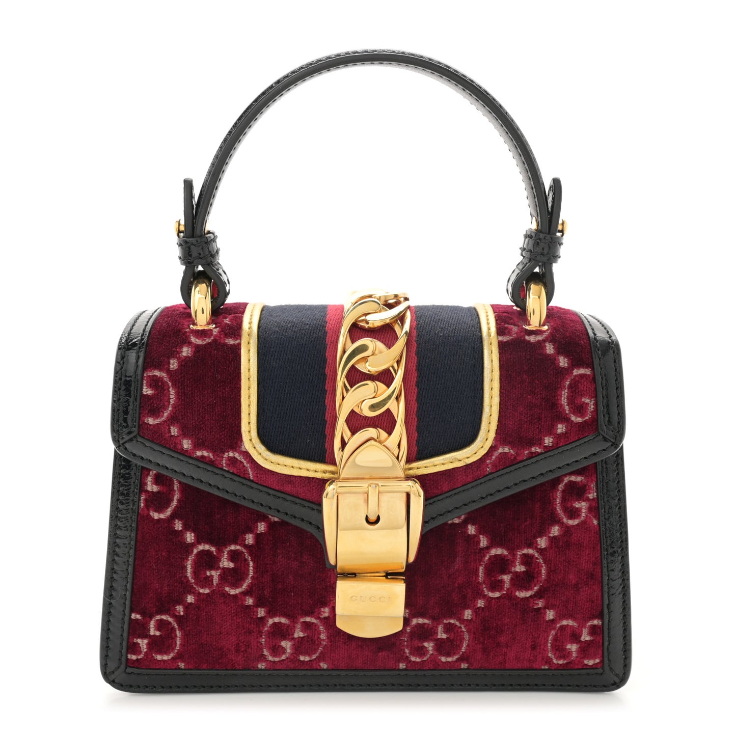 Velvet GG Monogram Mini Sylvie Top Handle Bag Red Cipria Black