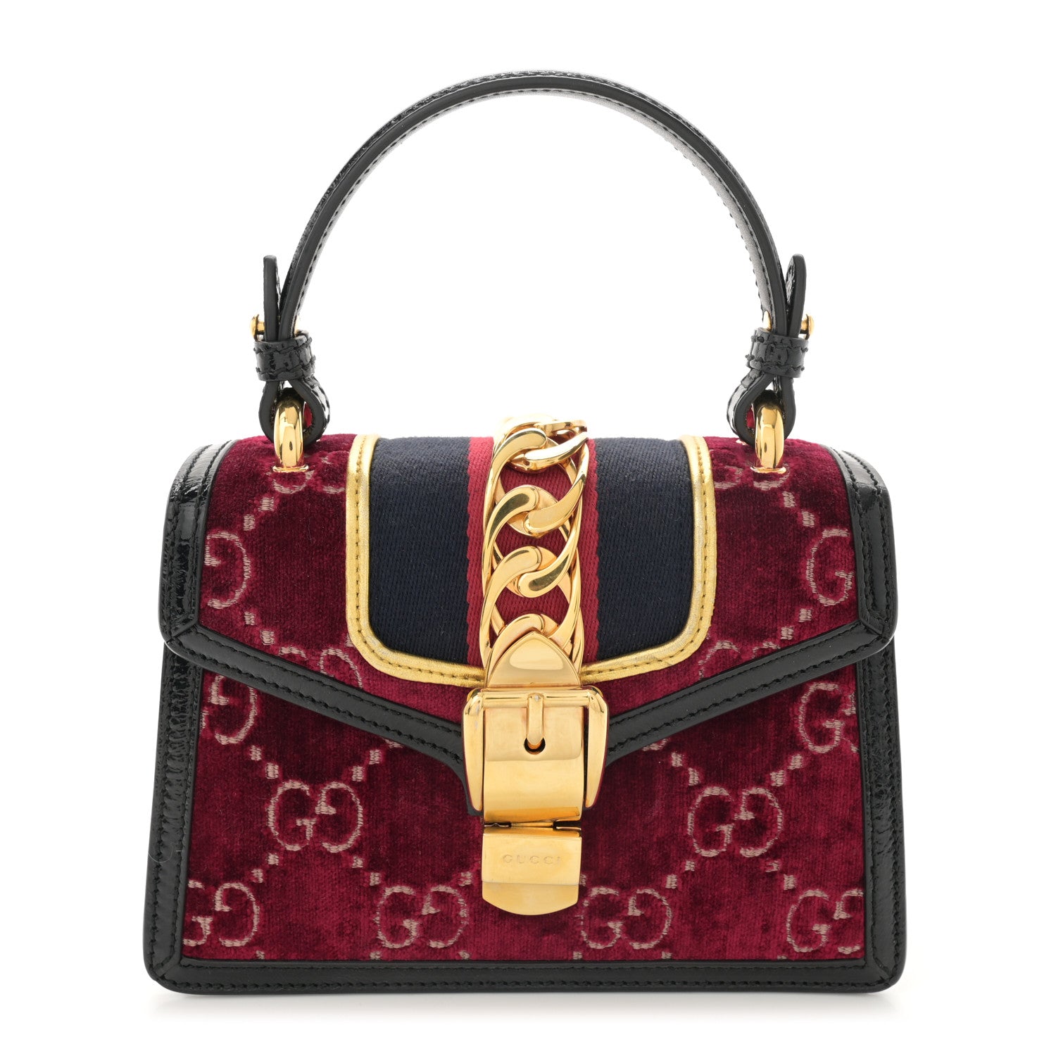 Gucci Velvet GG Monogram Mini Sylvie Top Handle Bag Red Cipria Black 1 of 13