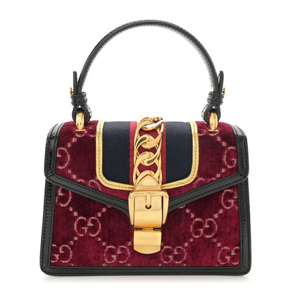 Gucci Velvet GG Monogram Mini Sylvie Top Handle Bag Red Cipria Black 1 of 13