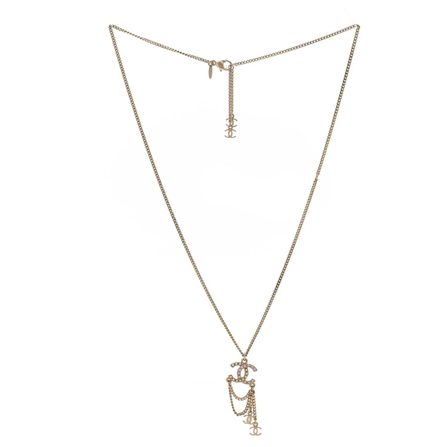 Chanel Pearl Crystal CC Chain Necklace Gold Pink 3 of 6
