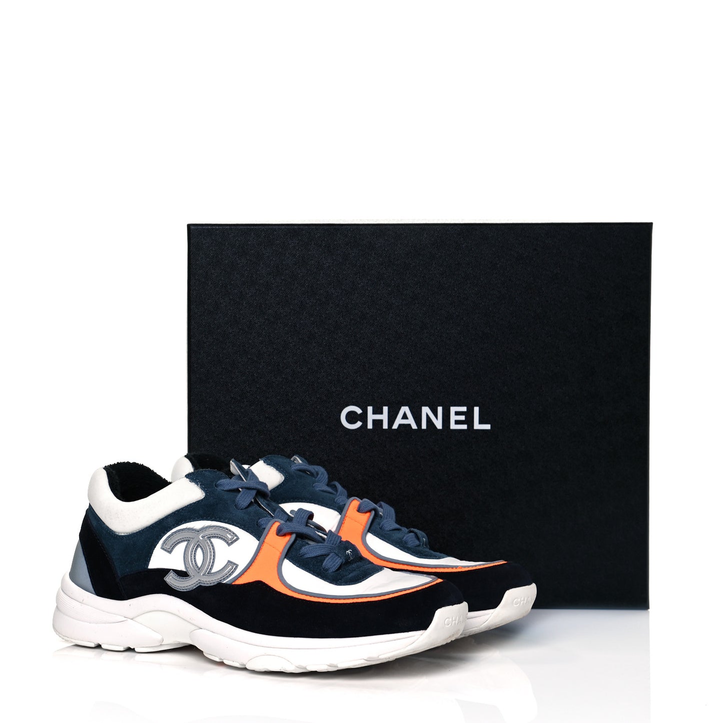 Nylon Calfskin Suede CC Womens Sneakers 38 Navy White Orange
