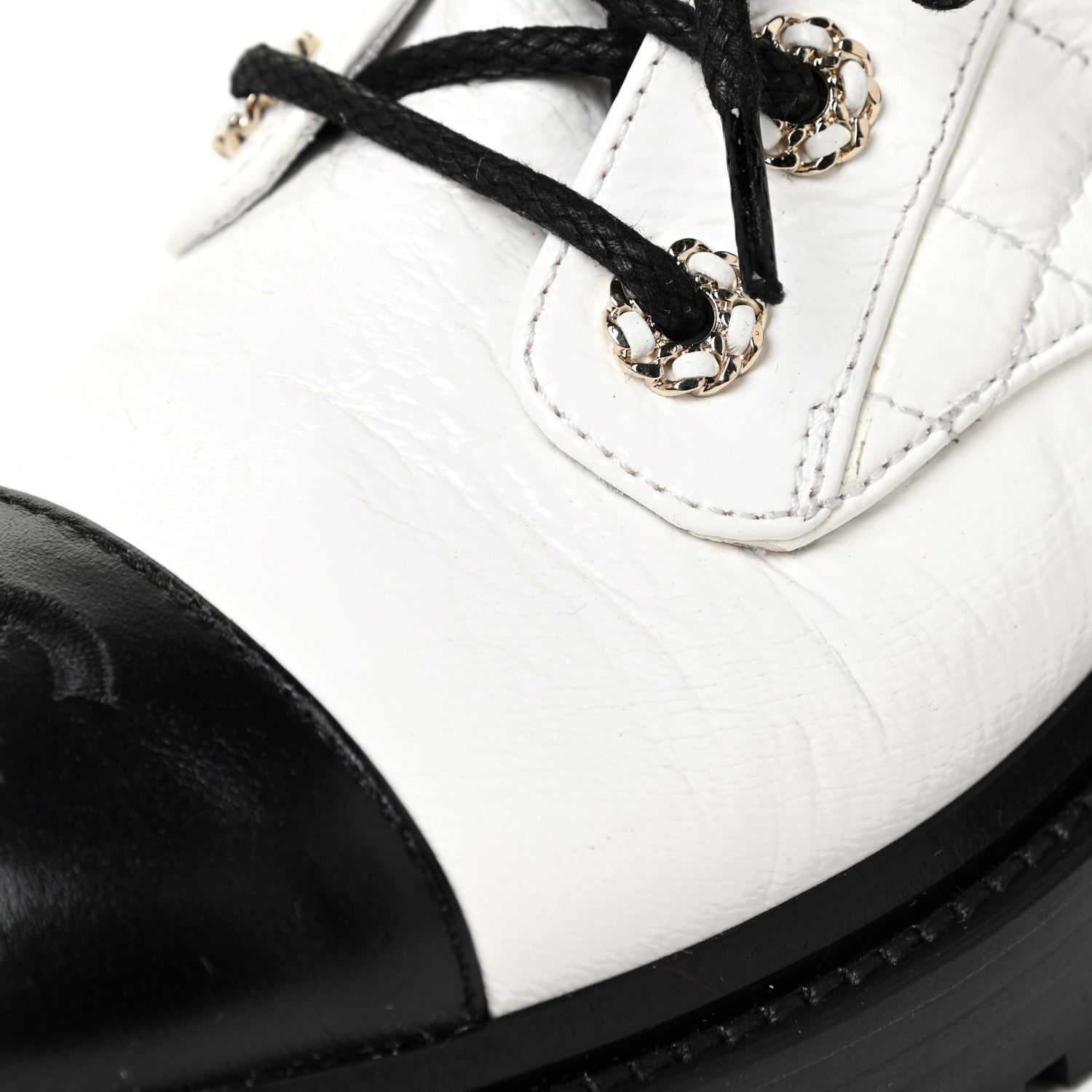 Chanel Shiny Goatskin Calfskin Quilted Lace Up Combat Boots 37 White Black 8 of 12