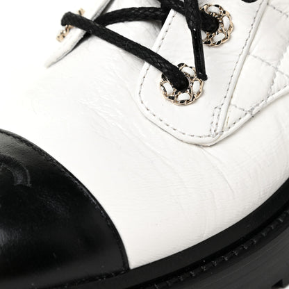 Chanel Shiny Goatskin Calfskin Quilted Lace Up Combat Boots 37 White Black 8 of 12