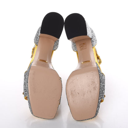 Gucci Glitter Soko Bee Platform Mid Heel Sandals 38.5 Argento Oro Vecchio 7 of 10