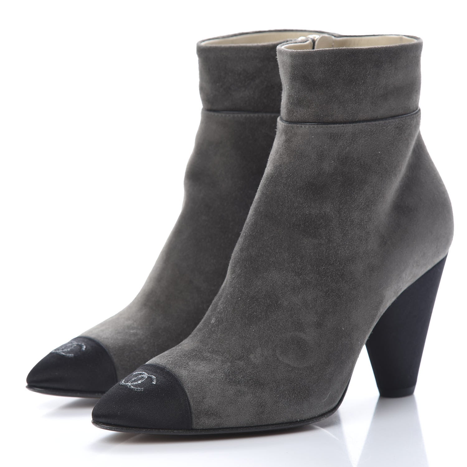 Chanel Suede Calfskin Satin Cap Toe Short Boots 37.5 Grey Black 3 of 11