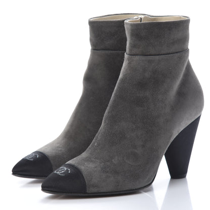 Chanel Suede Calfskin Satin Cap Toe Short Boots 37.5 Grey Black 3 of 11