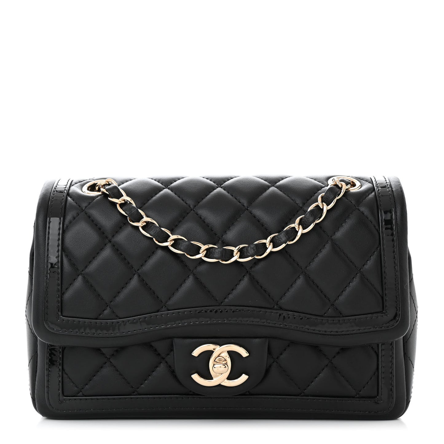 Lambskin Quilted Patent Calfskin Flap Black