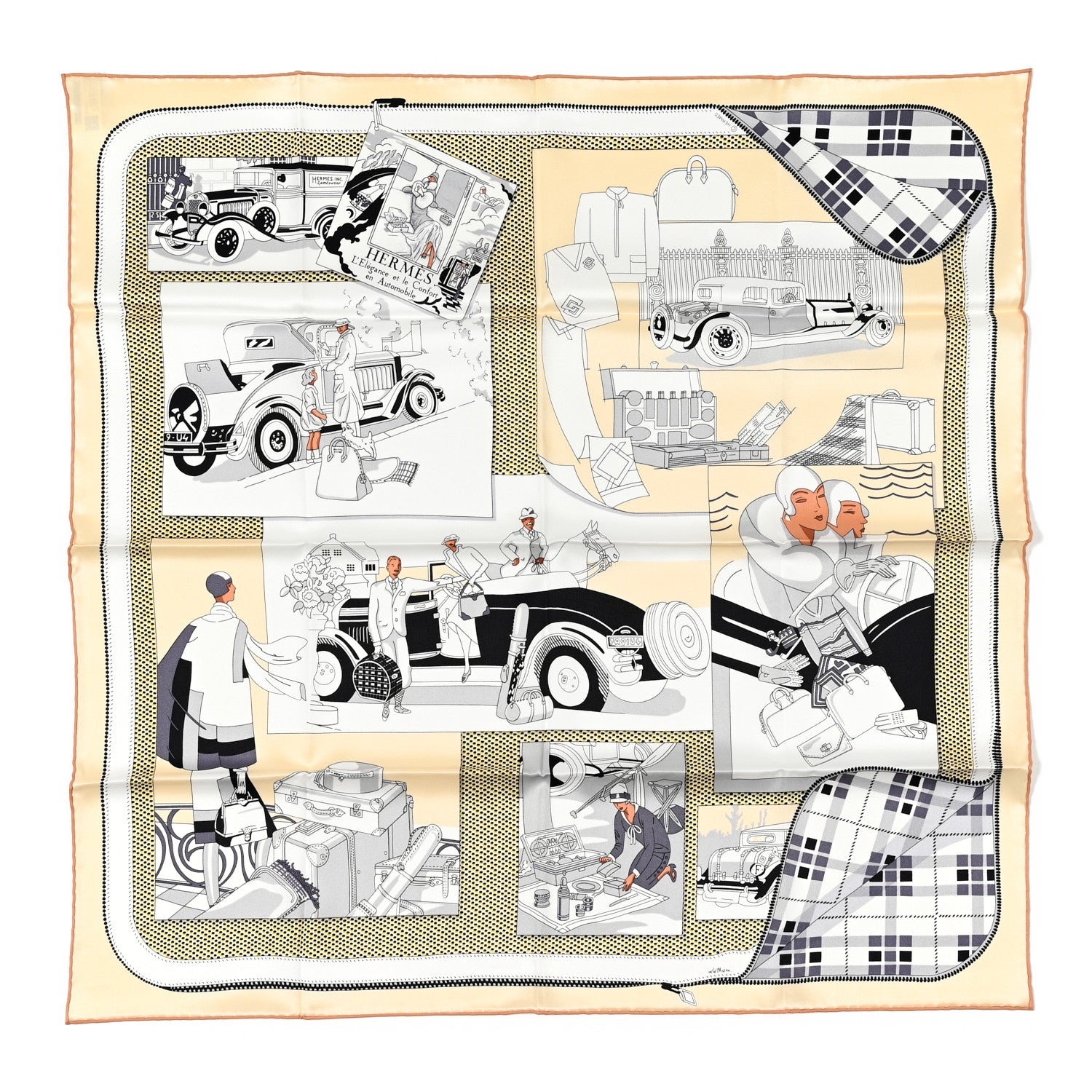 Hermes Silk Confort En Automobile Scarf 70 Creme White Black 1 of 4