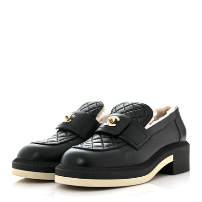 Chanel Lambskin Shearling Quilted CC Turnlock Loafers 39 Black 3 of 9