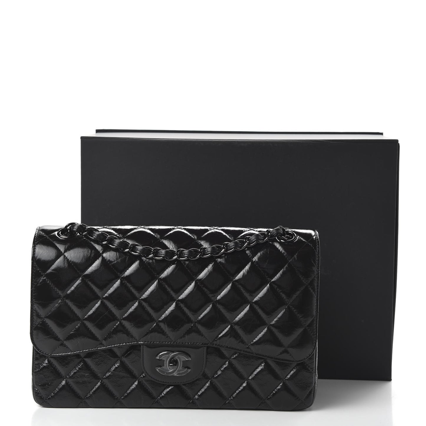 Shiny Distressed Calfskin Quilted Jumbo Double Flap So Black