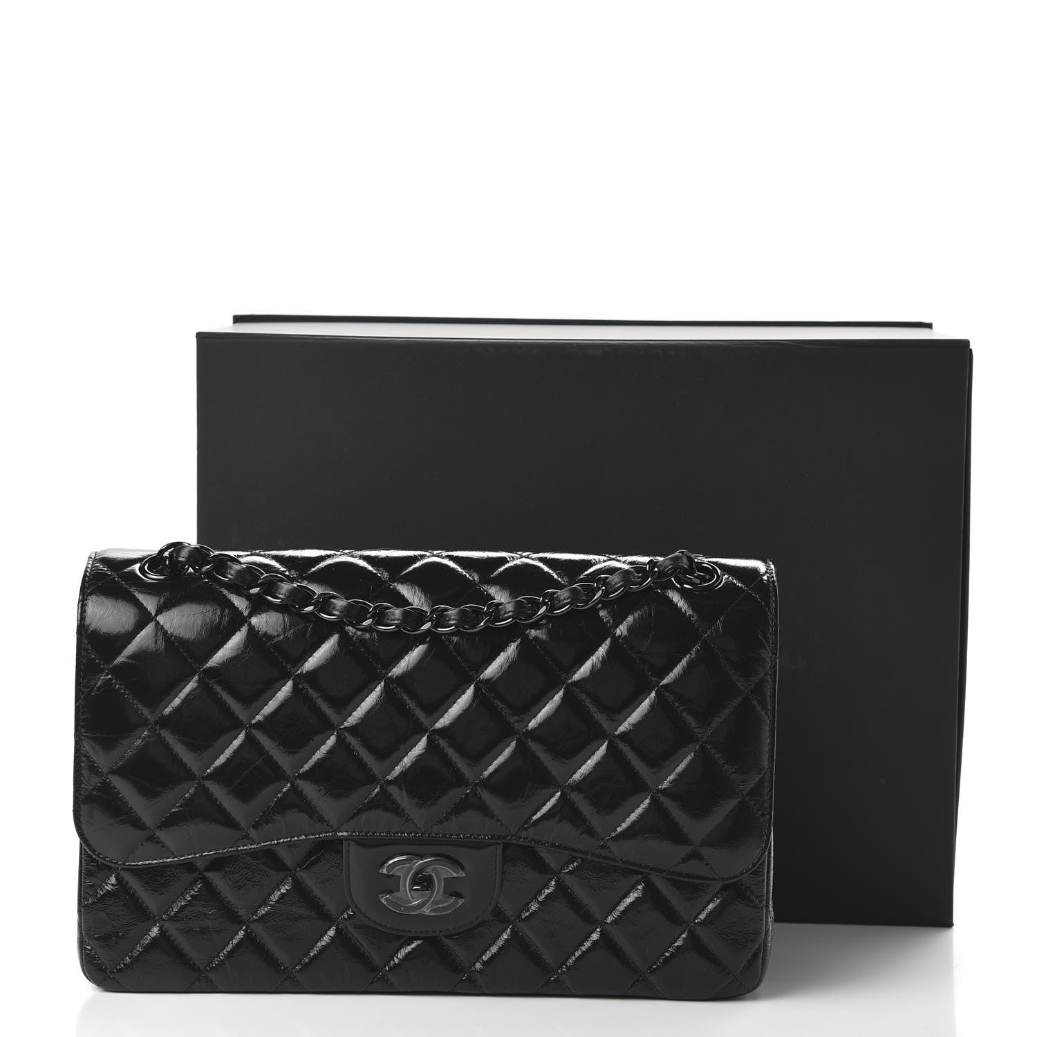 Chanel Shiny Distressed Calfskin Quilted Jumbo Double Flap So Black 11 of 11