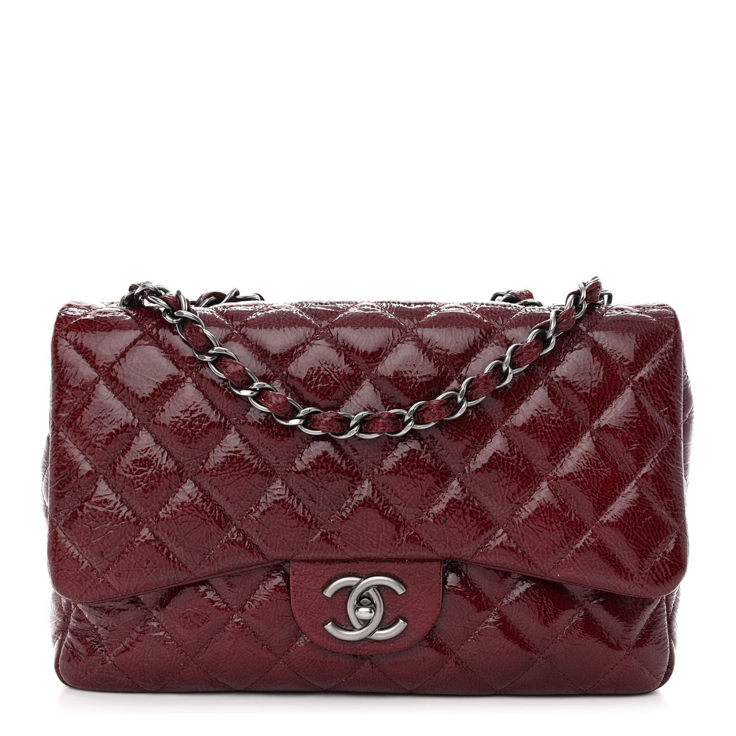 Crinkled Patent Quilted Jumbo Single Flap Burgundy