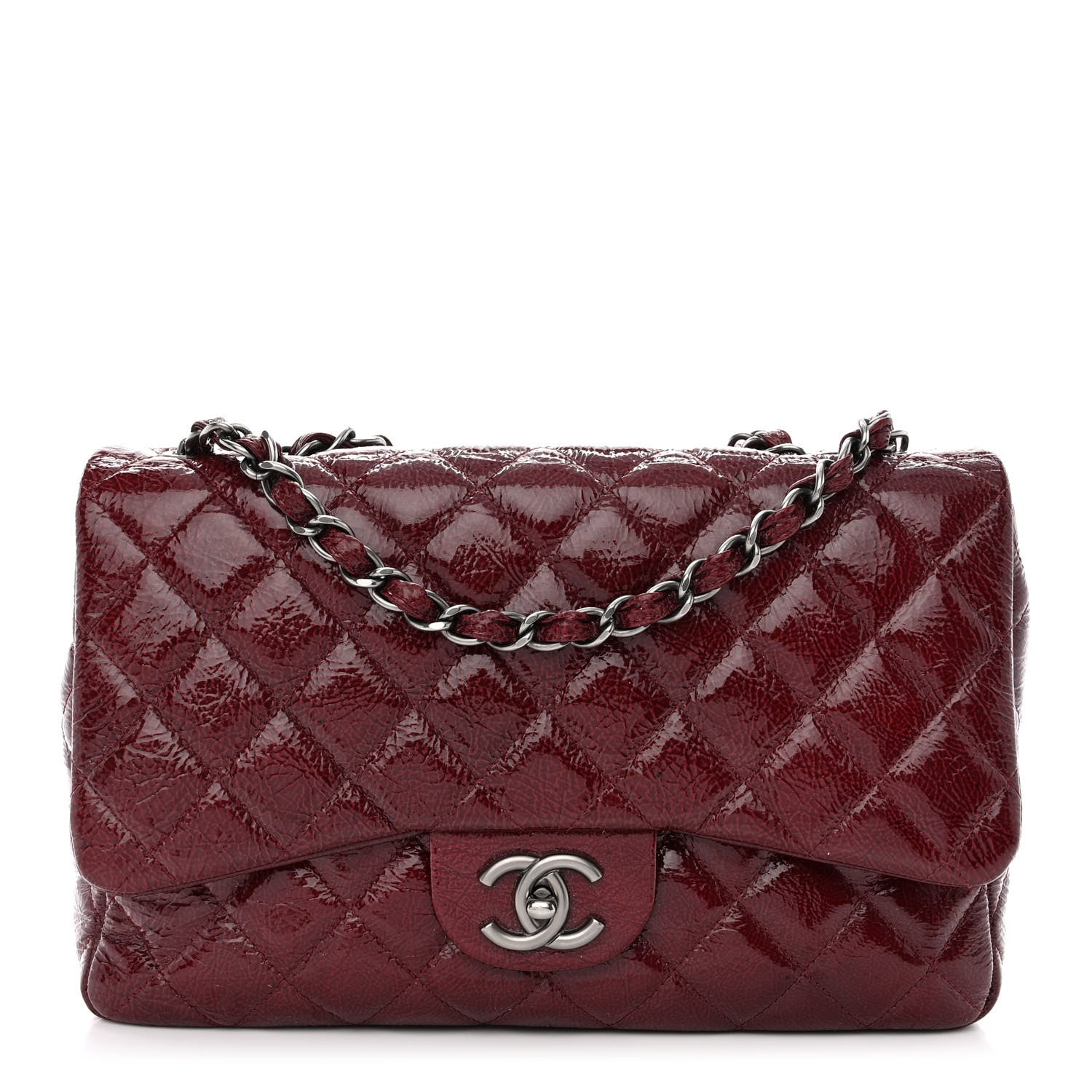 Chanel Crinkled Patent Quilted Jumbo Single Flap Burgundy 1 of 13
