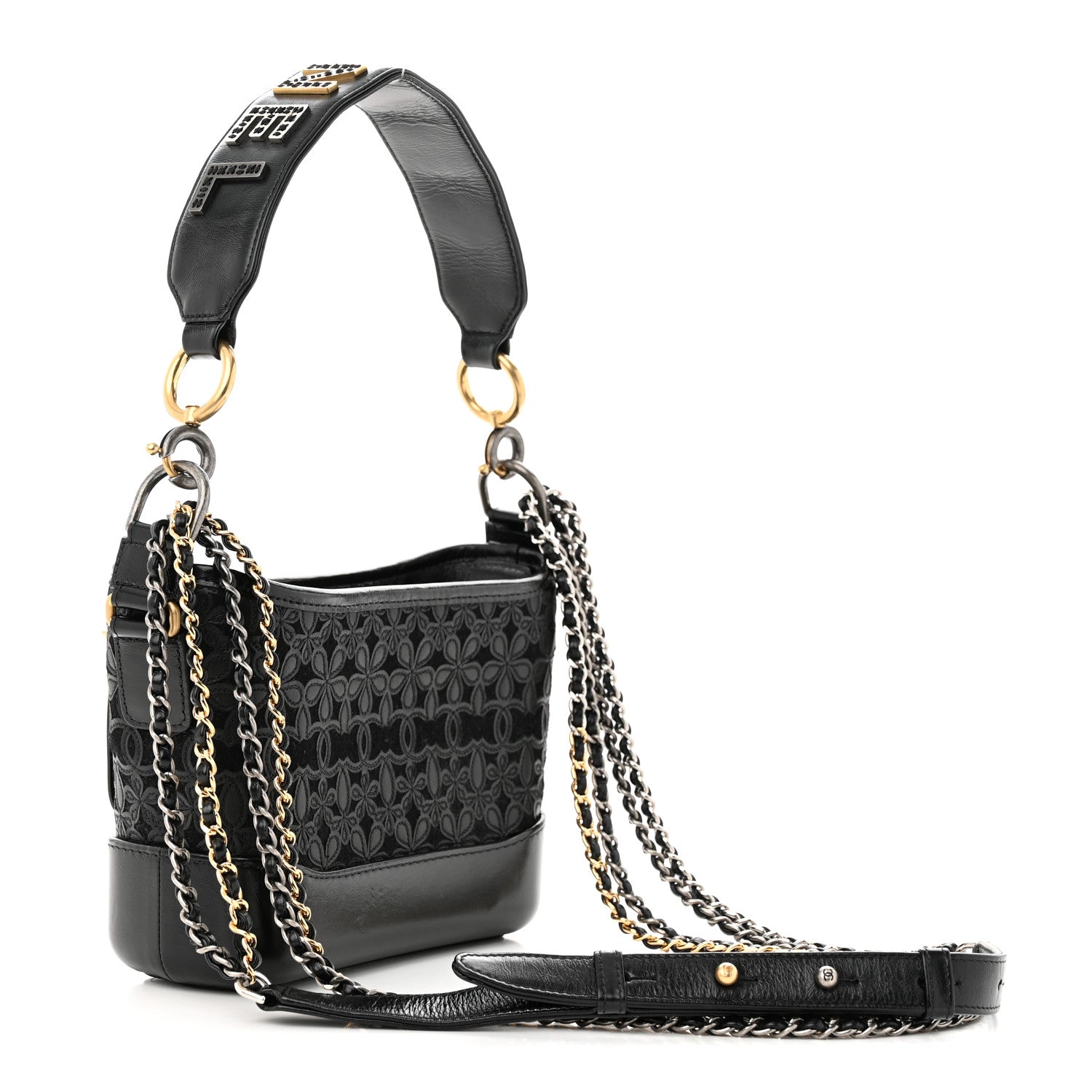 Chanel Calfskin Wool Felt Embossed Small Gabrielle Logo Hobo Black 3 of 10