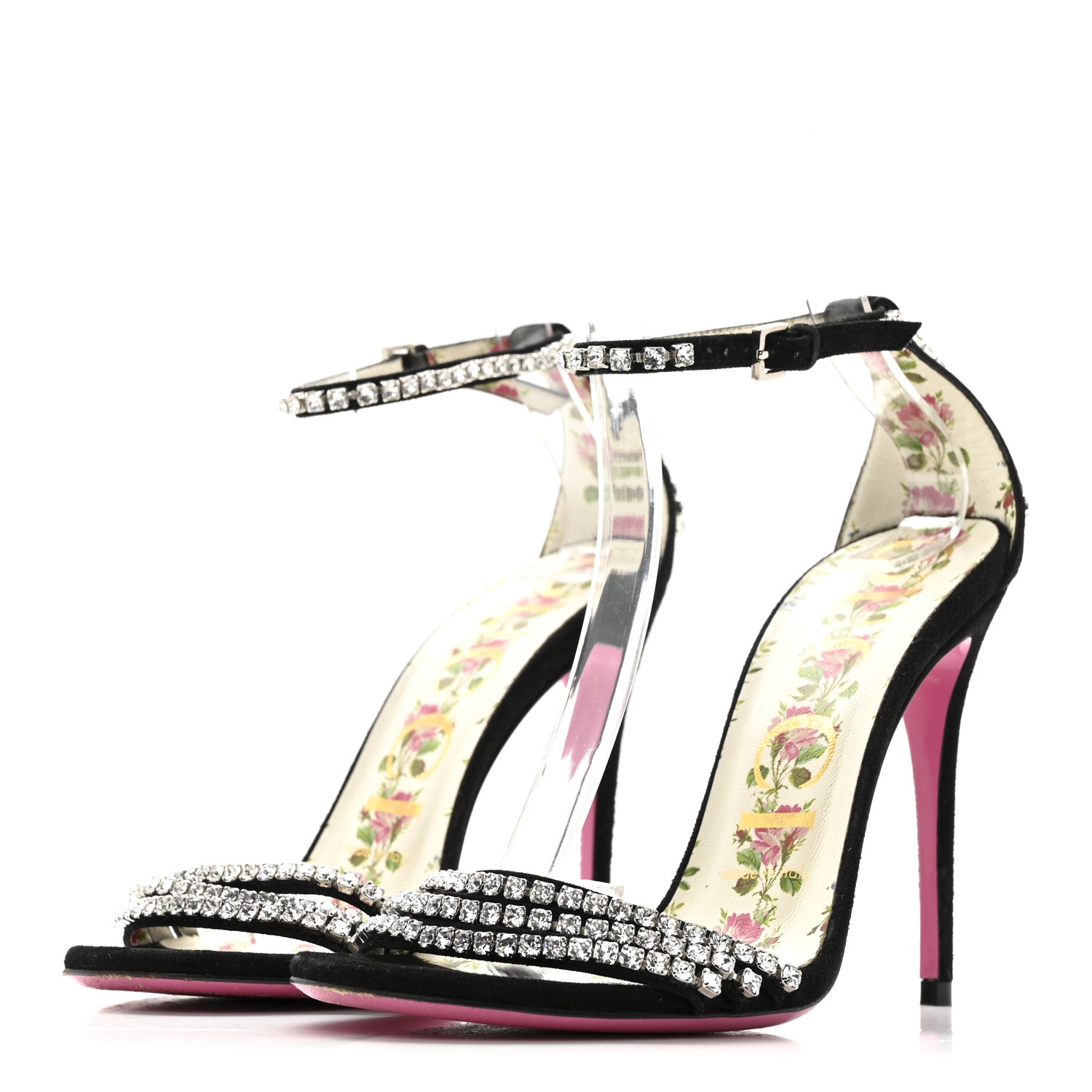 Gucci Kid Scamosciato Crystal Ankle Strap High Heel Sandals 36.5 Black 3 of 10