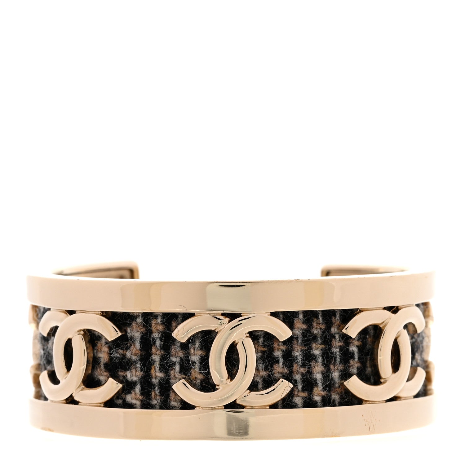 Chanel CC Tweed Cuff Bracelet M Gold Beige Black 1 of 6