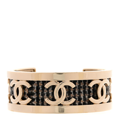 Chanel CC Tweed Cuff Bracelet M Gold Beige Black 1 of 6