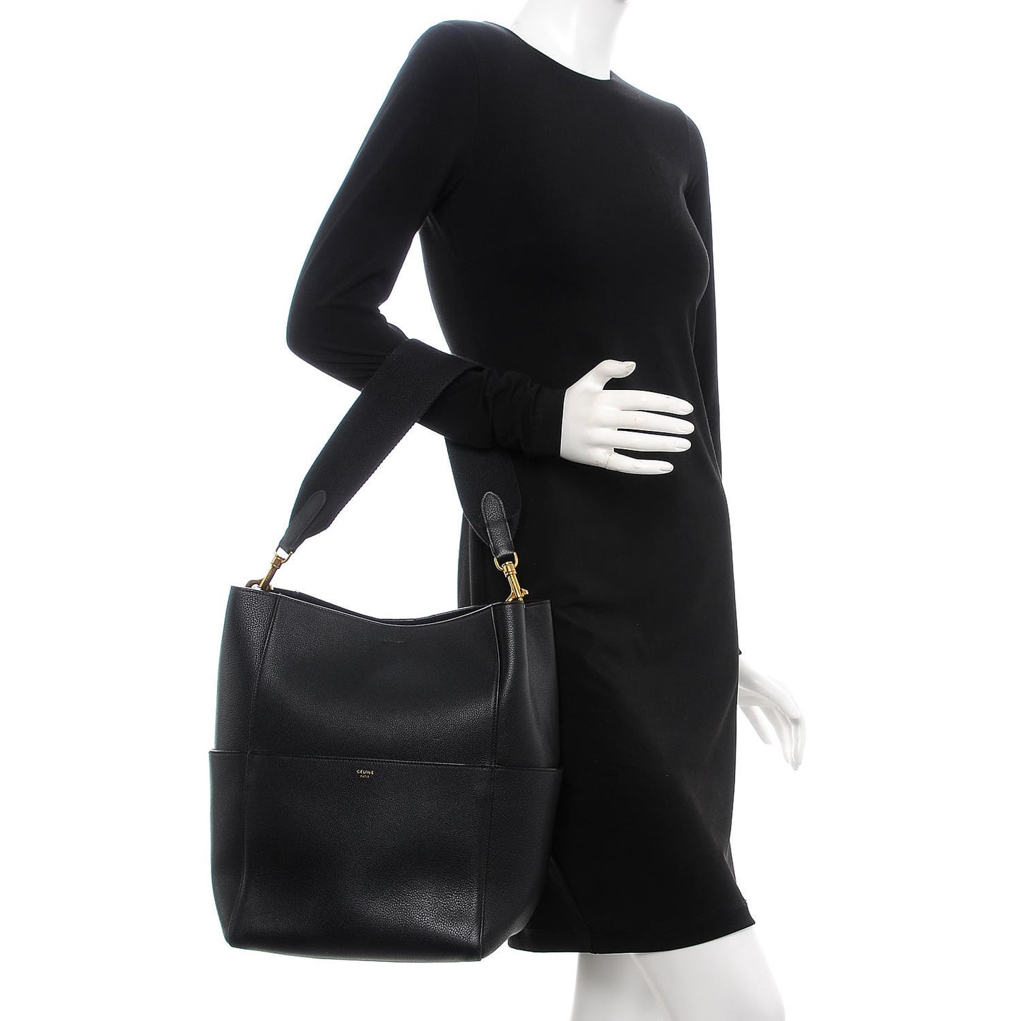 Soft Grained Calfskin Sangle Bucket Bag Black