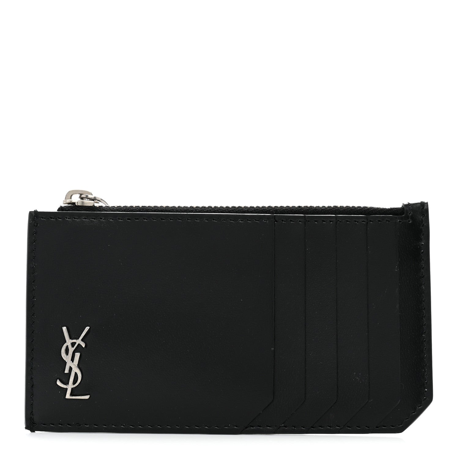 Saint Laurent Grained Calfskin Monogram 5 Fragments Zip Pouch Card Holder Black 1 of 8