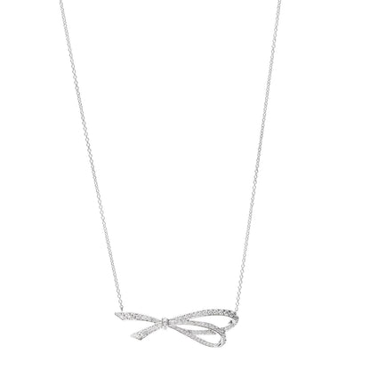 Tiffany 18K White Gold Diamond Bow Pave Pendant Necklace 1 of 6
