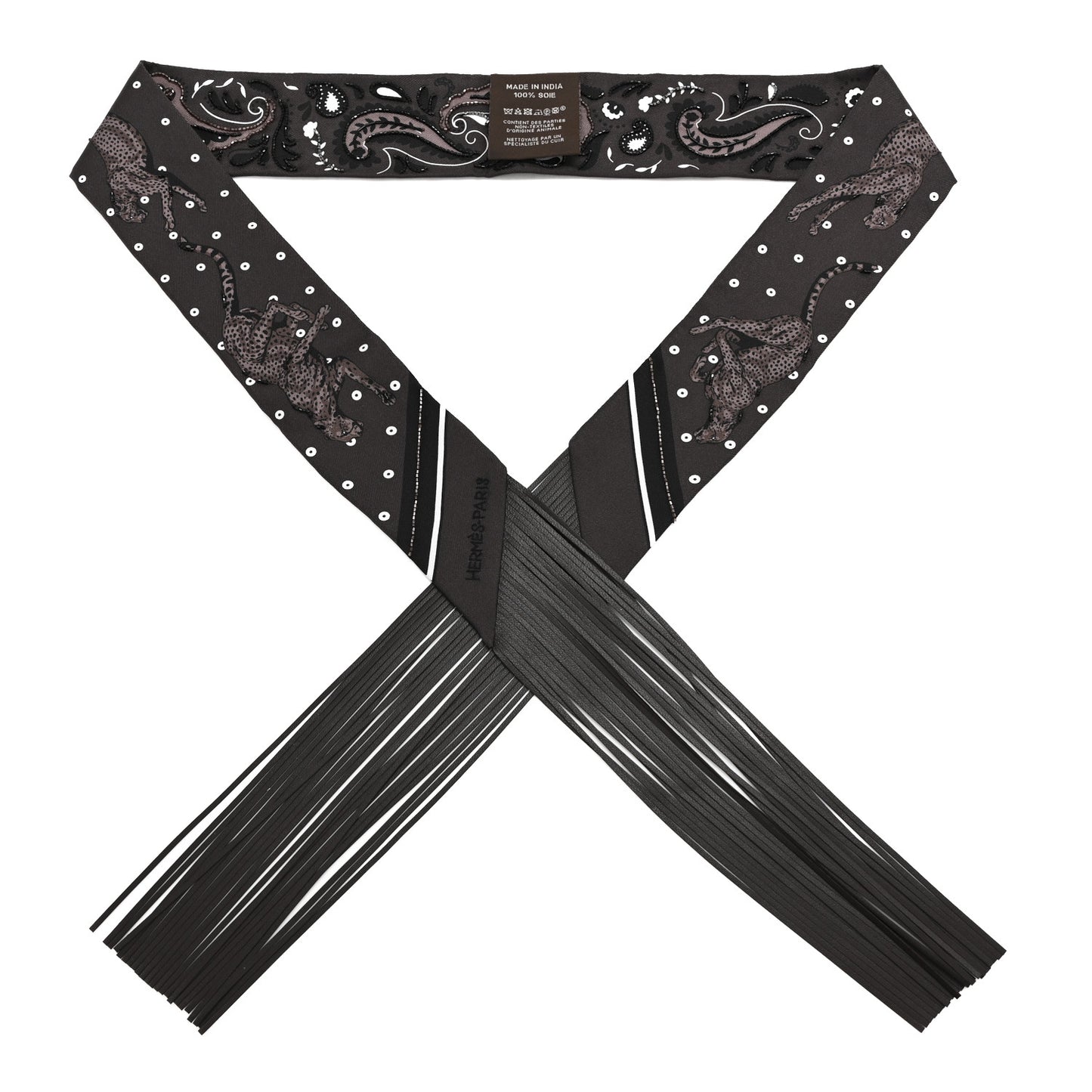 Silk Beaded Guepard Bandana Fringed Twilly Cacao Etoupe White
