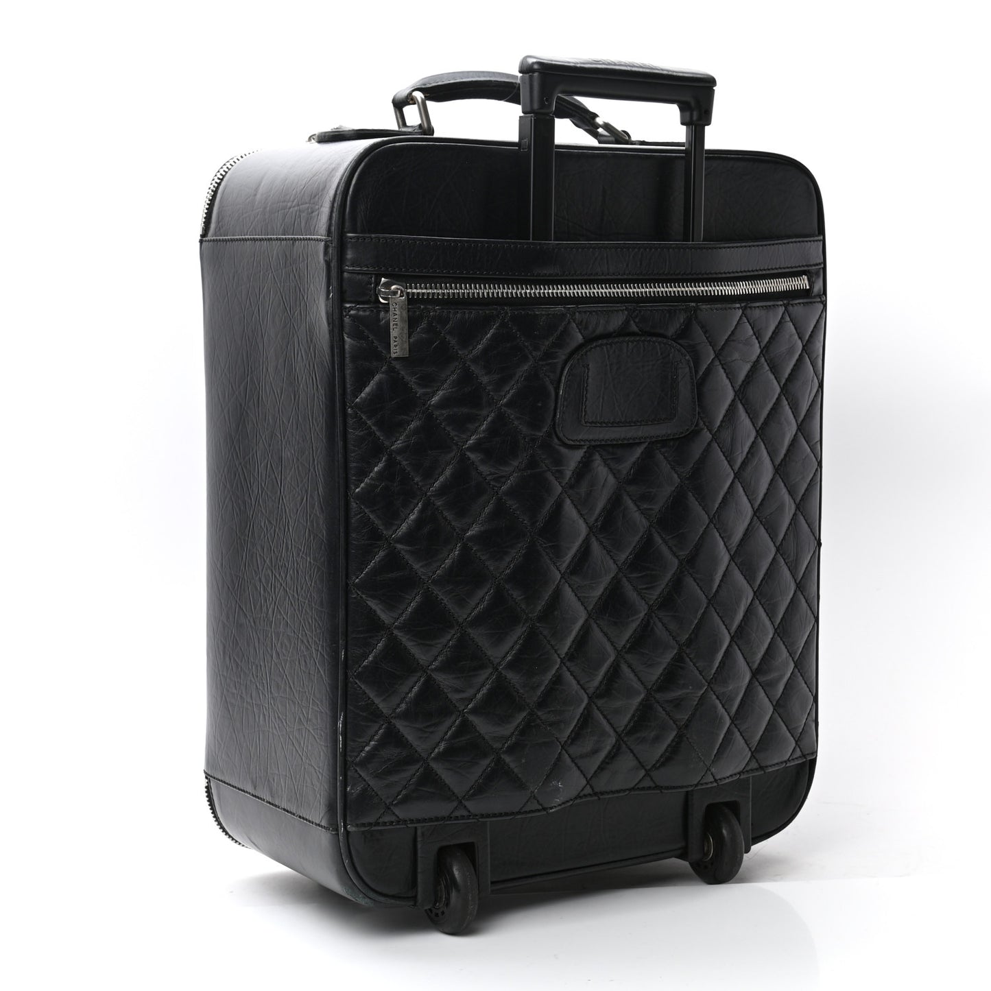 Aged Calfskin Quilted Trolley Rolling Luggage Black