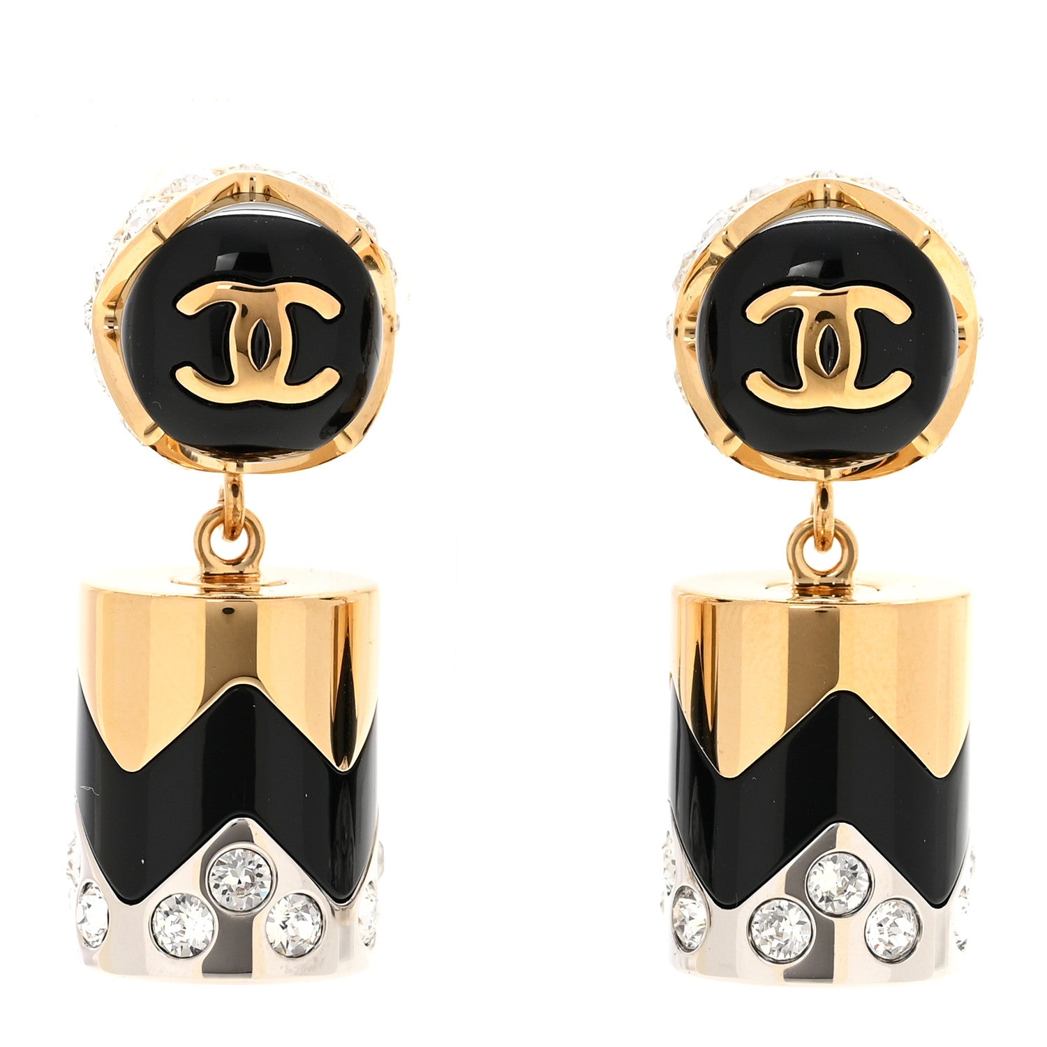 Chanel Metal Resin Crystal CC Pendant Earrings Gold Silver Black 1 of 5
