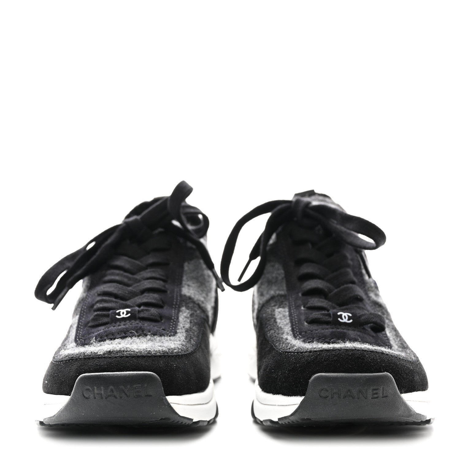 Chanel Knit Fabric Suede Calfskin Womens CC Sneakers 36.5 Grey Black 2 of 9