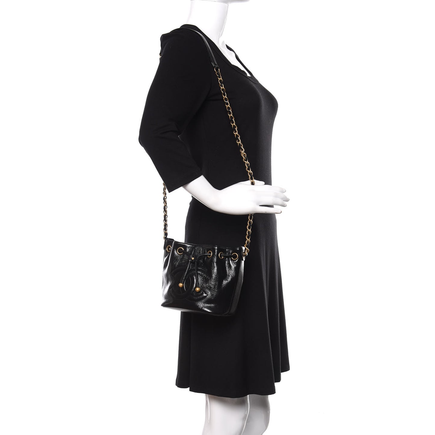 Shiny Aged Calfskin CC Chain Mini Drawstring Bag Black