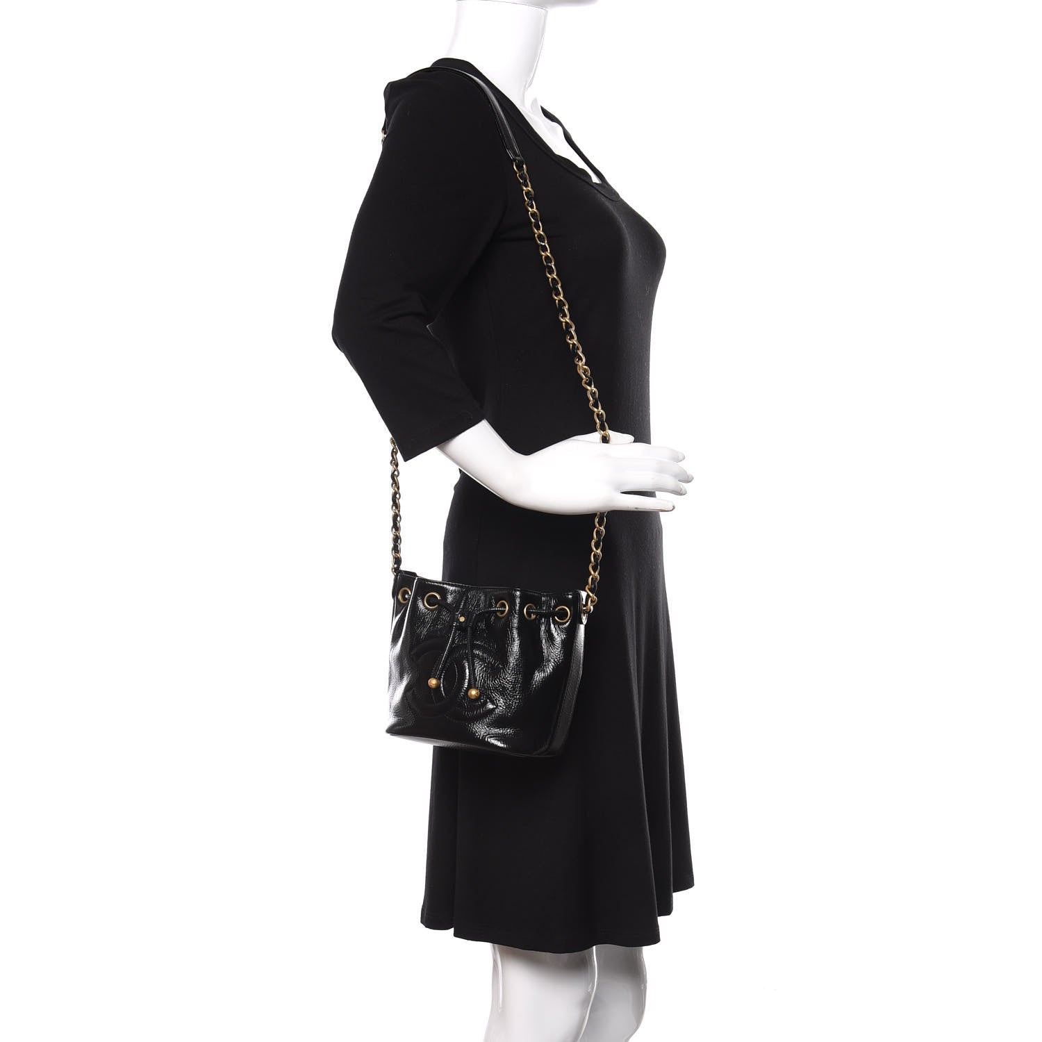 Chanel Shiny Aged Calfskin CC Chain Mini Drawstring Bag Black 2 of 10